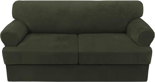 H.VERSAILTEX Sofa Cover 3 Piece T Cushion Sofa Slipcovers Thick Velvet Couch Cover Stretch T Cushion Sofa Covers for 2 Cushion Couch with 2 Individual T Cushion Covers, Olive
