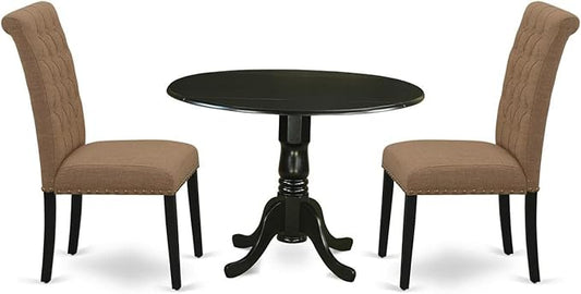East West Furniture DLBR3-BLK-17 3 Piece Dining Room Furniture Set Contains a Round Dining Table with Dropleaf and 2 Light Sable Linen Fabric Upholstered Chairs, 42x42 Inch, Black
