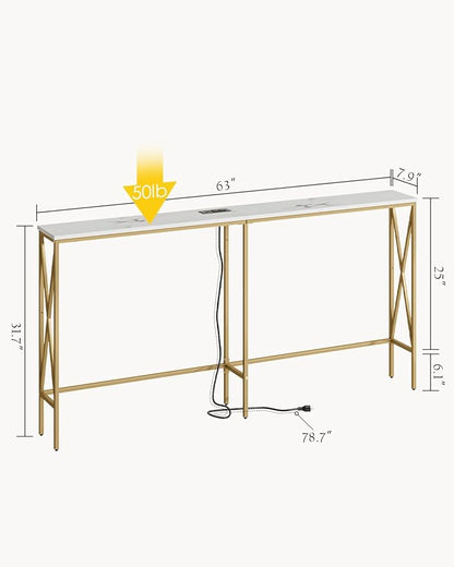 Masupu 63" Console Table with Power Outlet, Modern Narrow Long Sofa Table Behind Couch, Skinny Entry Table, Industrial Sofa Table with Metal Frame for Hallway, Living Room, Marble White