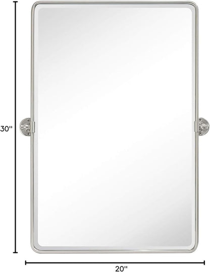 TEHOME 20x30'' Brushed Nickel Pivot Mirror Rectangle Bathroom Vanity Mirror Brushed Silver Rounded Corner Metal Framed Tilting Beveled Vanity Wall Mirrors