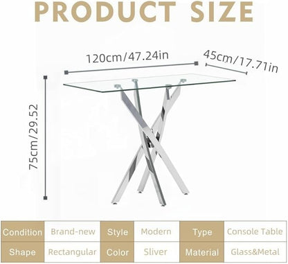 Tempered Glass Console Table with Chromed Legs, Modern Narrow Sofa Table for Hallway Entryway (Sliver, 47"x18"x30")