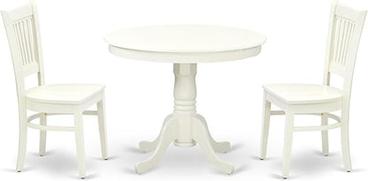 East West Furniture ANVA3-LWH-W 3 Piece Dining Room Furniture Set Contains a Round Dining Table with Pedestal and 2 Wood Seat Chairs, 36x36 Inch, Linen White