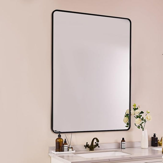 ANDY STAR 30’’x48’’ Black Bathroom Mirror, Rounded Rectangle Black Metal Framed Bathroom Vanity Mirror for Wall, Iron Tube, 1’’ Deep, Wall-Mounted Horizontal/Vertical