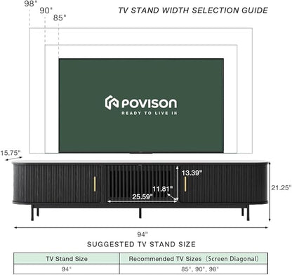 POVISON Sliding Tambour Door TV Stand, Mid Century Modern Sintered Stone TV Console, Wood Media Console for 85 Inch TV, Entertainment Center with Storage Cabinet, Fully-Assembled (Black, 94.49")