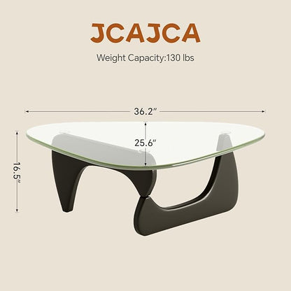 Glass Coffee Table for Living Room Mid Century Modern Triangle Center Table with Wooden Base, Transparent/Black