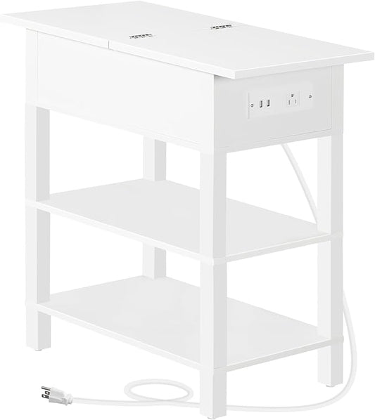 HOOBRO End Table with Charging Station, Flip Top Side Table with USB Ports, Narrow Nightstand Bedside Tables with Storage Shelves, for Small Space, Living Room, White WT141UBZ01