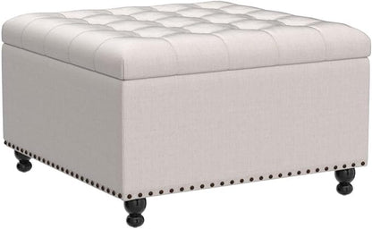 Tbfit Large Square Storage Ottoman Bench, Botton Tufted Upholstered Coffee Table with Wooden Legs, Oversized Storage Ottomans Toy Box Footrest for Living Room, Apartment, Beige