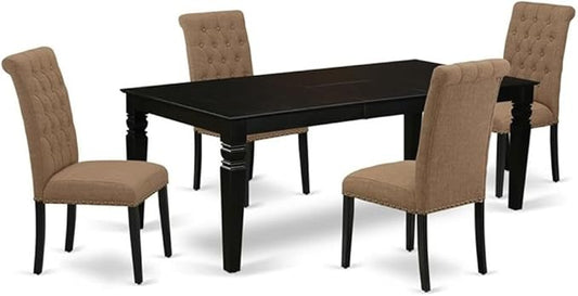 East West Furniture LGBR5-BLK-17 5 Piece Dining Set Includes a Rectangle Dining Room Table with Butterfly Leaf and 4 Light Sable Linen Fabric Upholstered Chairs, 42x84 Inch, Black