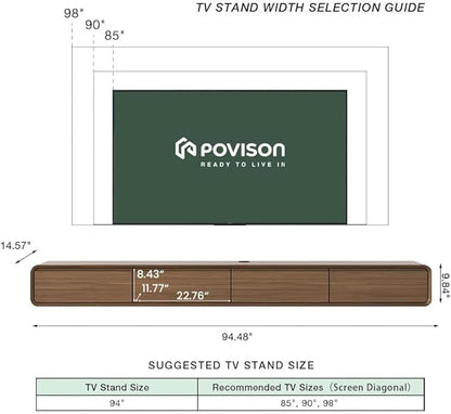 POVISON Fully-Assembled Minimalist Floating TV Stand with LED Lights, Modern Wall-Mounted Media Console with 4 Drawers for 85 Inch TV, Walnut Veneer, 94"