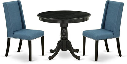 East West Furniture ANFL3-ABK-21 3 Piece Modern Dining Table Set Contains a Round Kitchen Table with Pedestal and 2 Blue Linen Fabric Parson Dining Chairs, 36x36 Inch, Wirebrushed Black