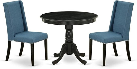 East West Furniture ANFL3-ABK-21 3 Piece Modern Dining Table Set Contains a Round Kitchen Table with Pedestal and 2 Blue Linen Fabric Parson Dining Chairs, 36x36 Inch, Wirebrushed Black