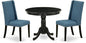 East West Furniture ANFL3-ABK-21 3 Piece Modern Dining Table Set Contains a Round Kitchen Table with Pedestal and 2 Blue Linen Fabric Parson Dining Chairs, 36x36 Inch, Wirebrushed Black