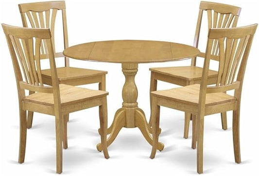 East West Furniture DMAV5-OAK-W 5 Piece Dinette Set for 4 Includes a Round Dining Room Table with Dropleaf and 4 Kitchen Dining Chairs, 42x42 Inch, Oak