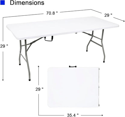 2 PCS 70.8" W X 29" D X 29" H - 6 ft White Folding Table White Portable Heavy Duty Plastic Fold-in-Half Utility Foldable Table for Camp，Picnic & Party