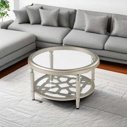 COSIEST Glass Coffee Table, 32" Round Coffee Tables with Storage, 2-Tier Glass Top, Clear Coffee Table, Simple & Modern Center Table for Living Room or Home Office (Champagne)