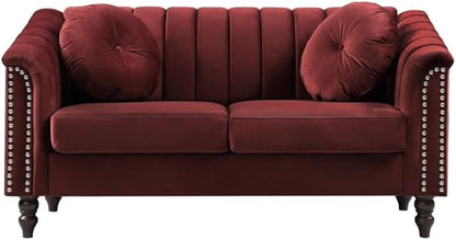 60" Loveseat Sofa, Microfiber Chesterfield Upholstered Sofas Love Seat, Couch Chair Sets with Style Button Tufted, Scroll Arms and Nailhead for Living Room, Office, Apartment-Red