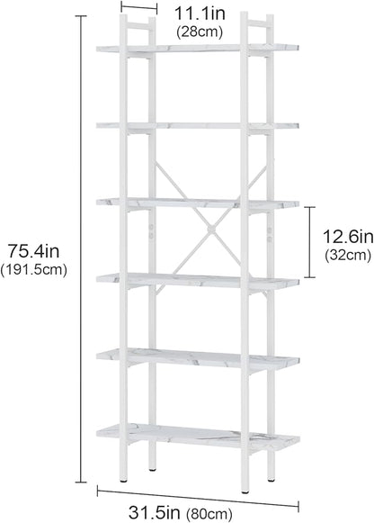 Bookshelf 6 Tiers White Wooden Storage Shelf,Modern Open Display Storage Bookcase Book Organizer,Metal Bookshelf Standing Storage Shelf Tall Shelving Units for Home Office Study