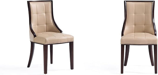 Manhattan Comfort Fifth Avenue Faux Leather Dining Chairs, Parsons Accent Furniture with Padded Wingback Seat, Fine Rectangular Stitching and Solid Beech Wood Frame, Set of 2, Tan