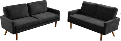 Kent 2 Piece Velvet Sofa and Loveseat Set, European Style with Modern & Vintage Flair, Upholstered 5 Seater Couch, Chic Living Room Furniture Seating for Home, Apartment or Office, Black