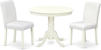 East West Furniture ANAB3-LWH-64 3 Piece Modern Dining Table Set Contains a Round Kitchen Table with Pedestal and 2 White Faux Leather Upholstered Chairs, 36x36 Inch, Linen White