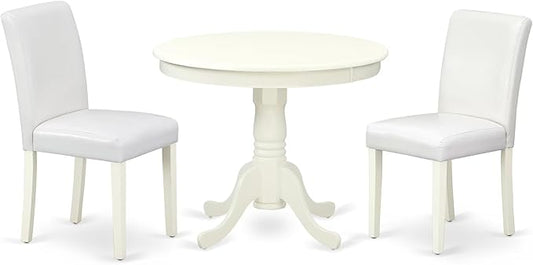 East West Furniture ANAB3-LWH-64 3 Piece Modern Dining Table Set Contains a Round Kitchen Table with Pedestal and 2 White Faux Leather Upholstered Chairs, 36x36 Inch, Linen White