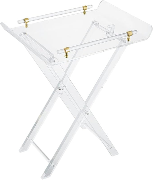 LIKENOW Furniture Acrylic Folding Tray Tables for Living Room,Bedroom,Lobby,Clear Small Side Tables with Handle for Coffee,Drink,Food,Snack,Modern Foldable Lucite End Table with X Leg for Decor