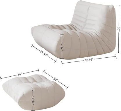 Bean Bag Chair - Memory Foam Bean Bag Chair for Adults, Comfy High-Resilience Single Sofa, Small Space Floor Chair, Chaise Lounge for Living Room, Bedroom (Beige, Wrinkles + Ottoman)