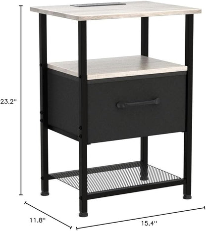 Nightstands Set of 2 with Charging Station and Drawer, End Table Bedside Table with 20 Colors LED Light Strip and 2 Layers Shelf for Bedroom Living Room Sofa (Grey)