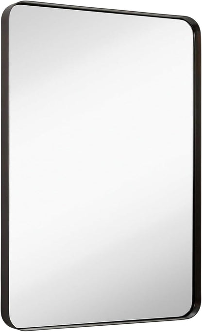 Hamilton Hills 24x36 Inch Metal Black Frame Mirror for Bathroom - Brushed Rectangular Rounded Corner Vanity - 2" Deep Set Design Large Wall Mirrors Decorative - Hangs Horizontal and Vertical