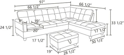 Grey-1 L-Shaped 3-Piece Linen Sofa with Storage Ottoman Set, Sectional Couch Sofa Set for Living Room, Office, Small Space