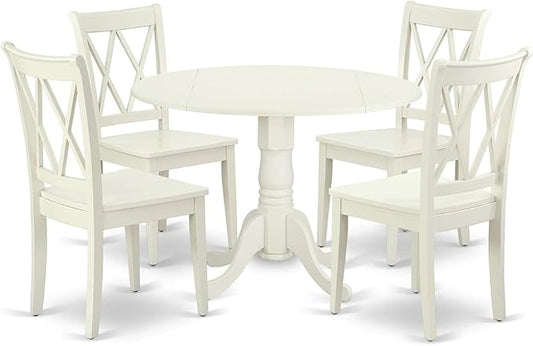 East West Furniture DLCL5-LWH-W 5 Piece Dining Set Includes a Round Dining Room Table with Dropleaf and 4 Wood Seat Chairs, 42x42 Inch, Linen White