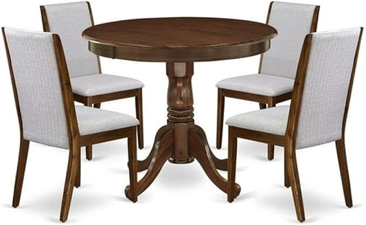 East West Furniture ANLA5-AWA-05 5 Piece Dining Table Set for Small Spaces Contains a Round Kitchen Table with Pedestal and 4 Parson Chairs, 36x36 Inch, Antique Walnut