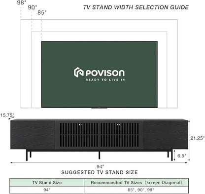 POVISON Full Assembled Mid-Century Modern TV Stand with Slatted Doors, Wood Media Console for 80 85+ Inch TV, TV Console with Tall-cast Metal Legs, Entertainment Center with Storage for Living Room