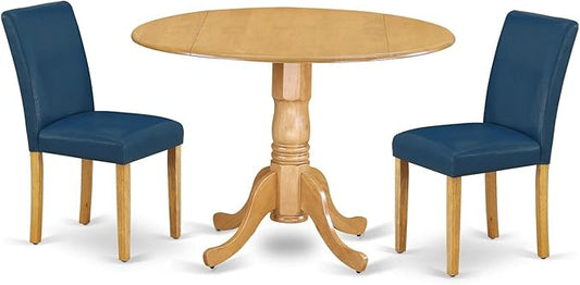 East West Furniture DLAB3-OAK-55 3 Piece Kitchen Table Set Contains a Round Dining Table with Dropleaf and 2 Oasis Blue Faux Leather Upholstered Chairs, 42x42 Inch, Oak