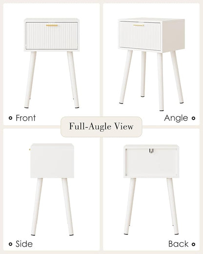 Night Stand Set 2, White Nightstand with Fluted Doors, Small Modern Mid-Century Bedside Table for Bedroom, End Table for Living Room