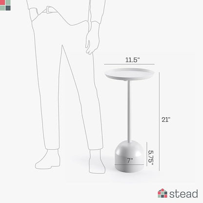 Round Metal Drink Table, Pedestal Drink Desk, Modern Home, Bedroom, and Living Room Furniture, Versatile Small Metal Side Table with Dome Base and Beveled Top (White Pedestal Stand)