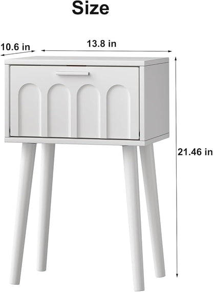 LAATOOREE Nightstand Set of 2, Small Bed Side Table with Arch Door, Mid-Century End Table with Wood Legs for Bedroom, Small Space (White)