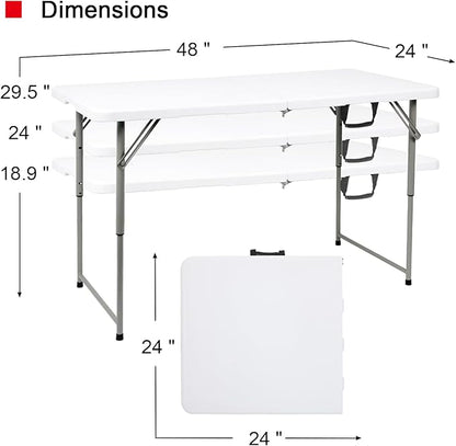 48" W x 24" D x 29.5" H - 4FT Adjustable Height Heavy Duty Plastic Fold-in-Half Foldable Table，White Portable Folding Table with Carrying Handle for Camping & Party