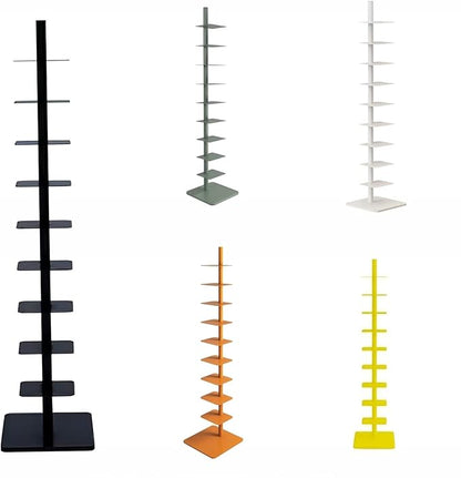 9-Tier Spine Bookshelf Metal Bookcase 5 Colors Vertical Bookshelf Tower Rotating Tall Narrow Bookshelf Ladder Book Rack Indoor (Black)