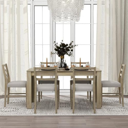 SogesHome 7-Piece Dining Table Set for 6-8 People, Extendable Solid Rubber Wood Kitchen Table with Leaf & 2 Storage Drawers, Chairs with Soft Cushion, Perfect for Kitchen, Dining Room (Natural)