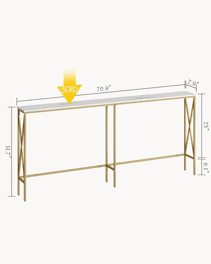 Masupu 70.9" Console Table, Modern Narrow Long Sofa Table Behind Couch, Skinny Entry Table, Industrial Sofa Table with Metal Frame for Hallway, Living Room, Marble White