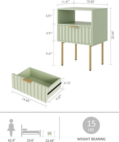 Nightstand,Modern Bedside Table with Gold Frame,Green Night Stand,Bedside Furniture, Modern Side Table with Drawer and Shelf for Bedroom,Living Room (Green)