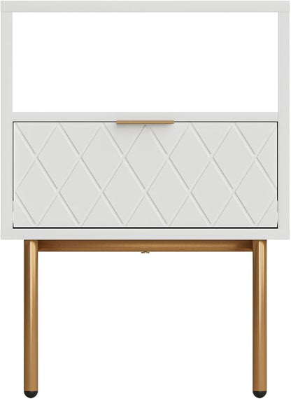 Nightstand,Morden Bedside Table with Gold Frame,Small White Night Stand,End Table,Bedside Furniture,Side Table with Drawer and Shelf for Bedroom,Living Room (1Drawer, White-Square)