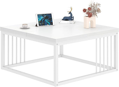 FOLUBAN White Coffee Table, Modern Rustic Wood and Metal Center Table, Industrial Simple Cocktail Tea Table for Living Room, 31.5 Inch