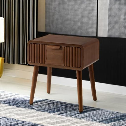 COSIEST Mid Century Modern Nightstand, MCM Vintage Bedside Table with Storage Drawer, Wood End Table for Bedroom, Living Room (Brown, Striped Pattern)