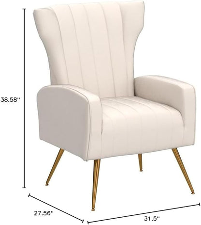 Container Furniture Direct Modern Velvet Accent Chair, Channel Tufted Bedroom, Office or Living Room Furniture with Elegant Metal Legs, 26" Wide Armchair, Beige