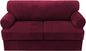 H.VERSAILTEX Sofa Cover 3 Piece T Cushion Loveseat Slipcovers Thick Velvet Couch Cover Furniture Protector Stretch T Cushion Sofa Covers for 2 Cushion Couch with 2 T Cushion Covers Washable, Burgundy