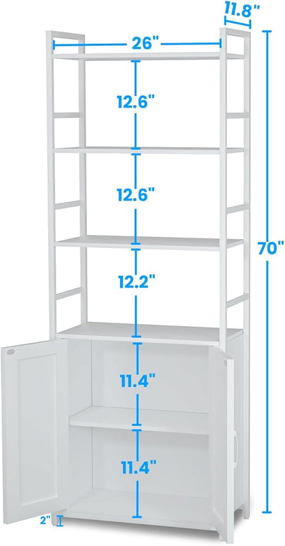 White Bookshelf with Doors,70" Tall Bookcase with Storage Cabinet,6 Tier Book Shelf for Living Room/Bedroom/Home Office/Kitchen,70"(H)*26"(L)*11.8"(W)