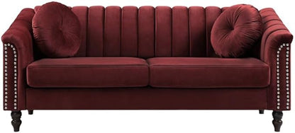 Sectional Sofa Set, Microfiber Chesterfield Upholstered Sofas Loveseat Couch Chair Sets with Style Button Tufted, Scroll Arms and Nailhead for Living Room, Office, Apartment-Red,S