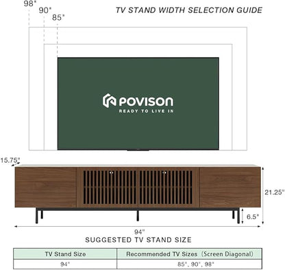 POVISON Mid Century Modern Sintered Stone TV Stand, Slatted Media Console TV Cabinet with Tall-cast Metal Legs, Fluted Entertainment Center with Storage, Fully-Assembled (Walnut, 94.49")